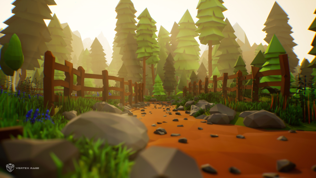 Low Poly Nature image from Unreal Engine showcasing more of the assets: trees, fences, path in the forest.