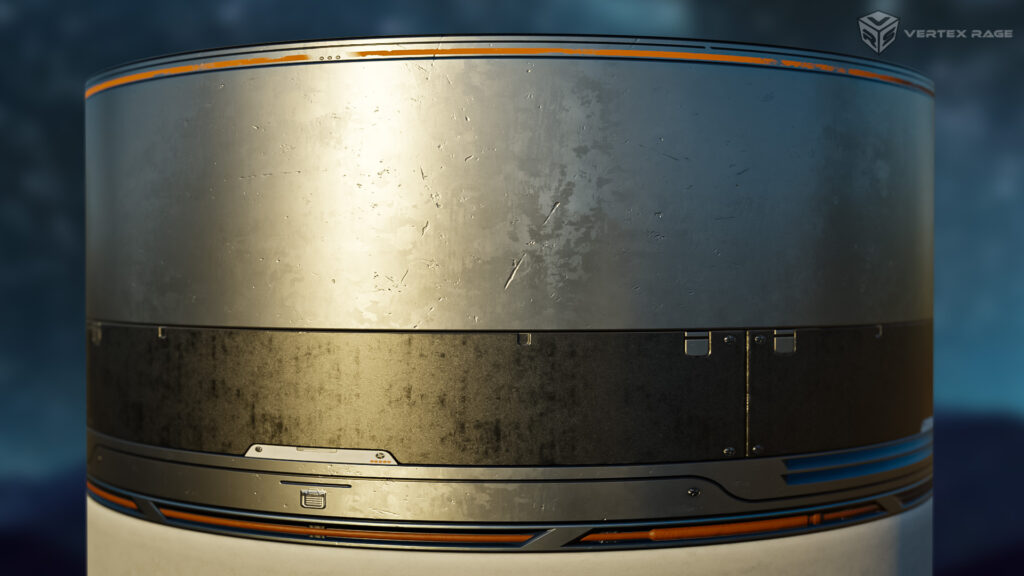 3D render of a cylindrical object featuring a sci-fi trim sheet texture by Vertex Rage Studio. The design includes weathered metal with realistic scratches and wear, accented by sleek orange and gray bands.