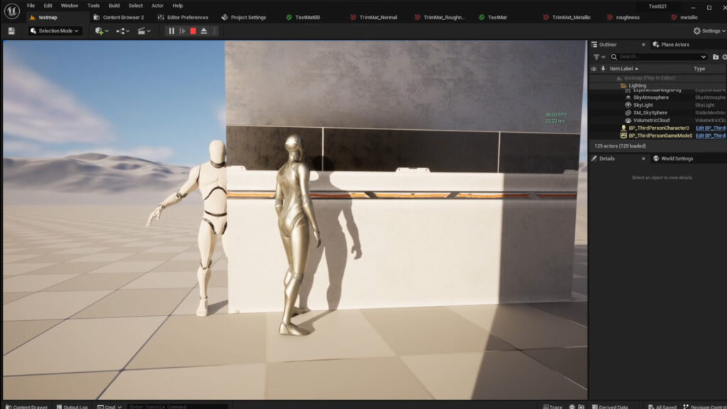 Screenshot from Unreal Engine 5 showing a third-person camera perspective of a test scene with two humanoid figures. The scene includes the same trim sheet textures on surfaces, demonstrating how they appear to a player in-game with natural lighting and shadows.