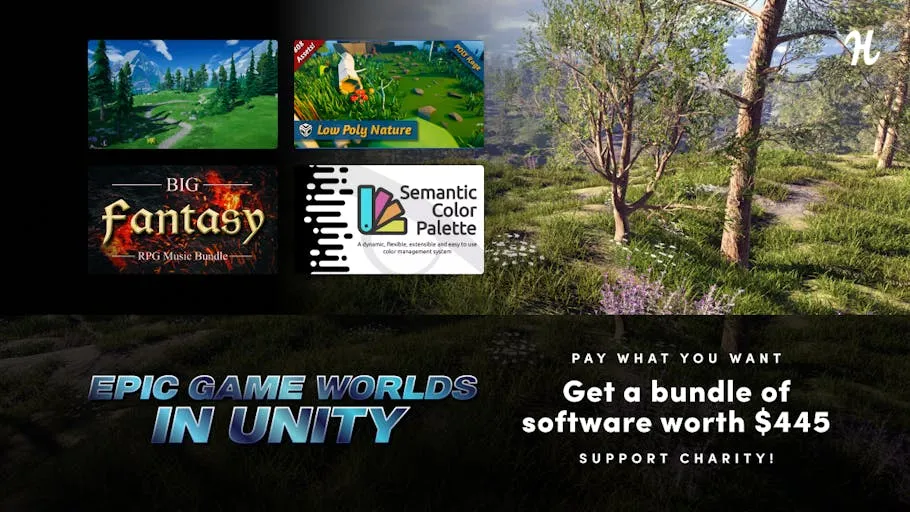Humble bundle thumbnail showcasing some of the assets included in the bundle. One of them is Low Poly Nature pack by Vertex Rage.