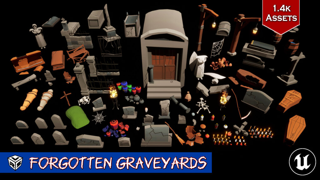 Forgotten Graveyards featured image showcasing some of the assets in the pack: tombstones, coffins, candles, tools, benches, etc. 